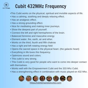 May include: A digital informational graphic titled Cubit 432MHz Frequency with a list of bullet points describing its properties. At the bottom, eight circular thumbnails display various copper wire sculptures and pendants. The URL viettensorstore.etsy.com is visible.