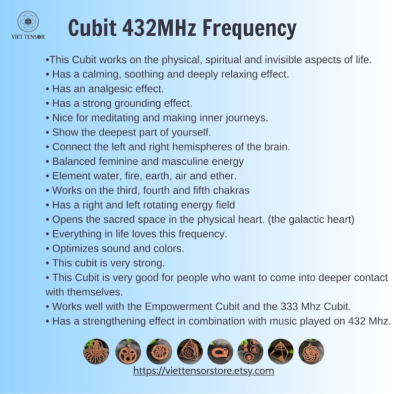 May include: A digital informational graphic titled Cubit 432MHz Frequency with a list of bullet points describing its properties. At the bottom, eight circular thumbnails display various copper wire sculptures and pendants. The URL viettensorstore.etsy.com is visible.