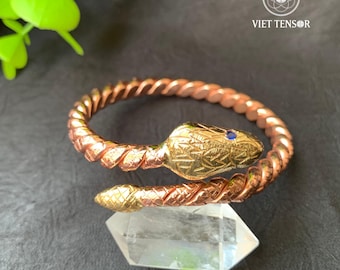 Handcrafted Copper Ouroboros Bracelet – Green Gemstone Eyes, Tensor Ring Cuff
