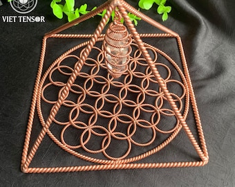 Copper Tensor Pyramid | Giza Golden Ratio, Flower of Life Base, 432Hz Crystal Energy Tool