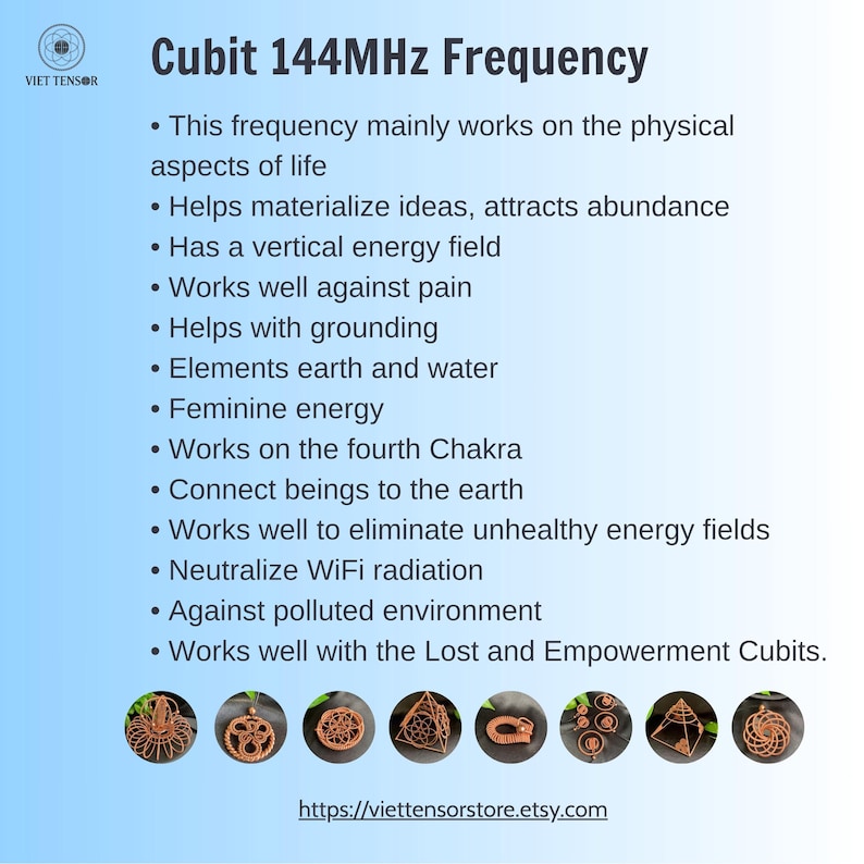 May include: A blue gradient background with the text "Cubit 144MHz Frequency" and a list of benefits. Below are several wooden Cubit pendants with intricate designs. The Etsy store URL is also included.