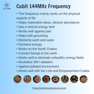 May include: An informational graphic titled Cubit 144MHz Frequency listing benefits like grounding, neutralizing WiFi radiation, and working on the fourth Chakra. Eight small copper wire geometric sculptures are displayed in a row at the bottom.