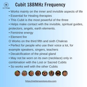 May include: Informational graphic with the text "Cubit 188MHz Frequency" and bullet points describing its properties, including healing therapies and feminine energy. The graphic also features a website address and several small, circular design elements.