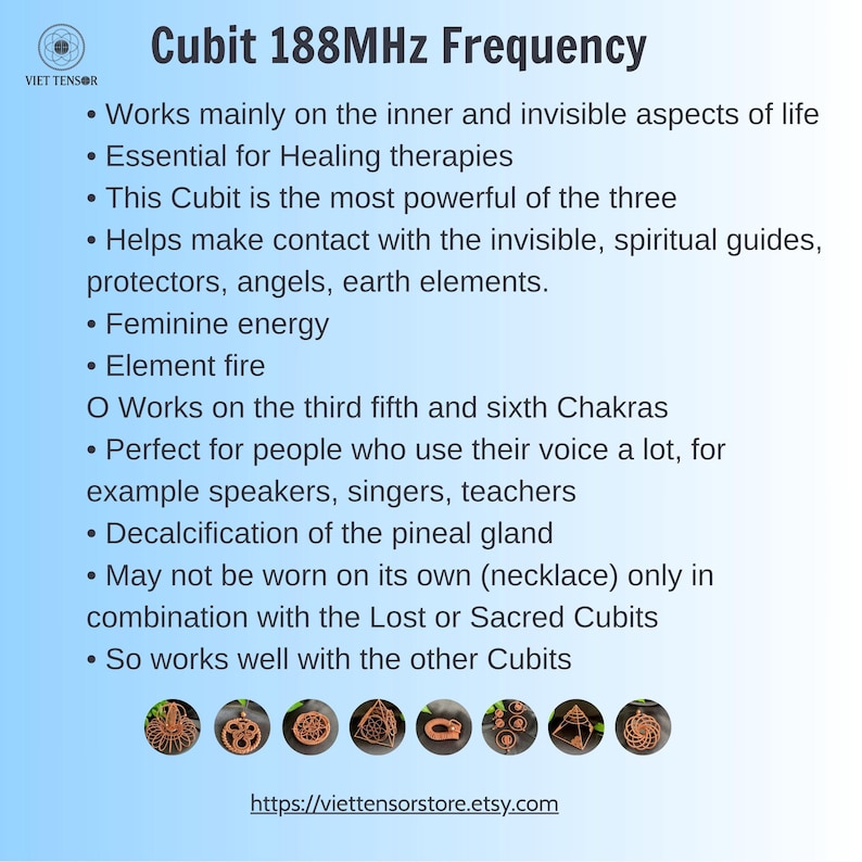 May include: Informational graphic with the text "Cubit 188MHz Frequency" and bullet points describing its properties, including healing therapies and feminine energy. The graphic also features a website address and several small, circular design elements.