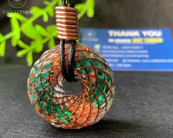 Rodin Coil Torus Pendant - Malachite & Red Quartz Necklace - Heart Chakra Scalar Wave Generator - Vortex Math EMF Protection - Viettensor