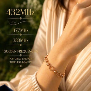 May include: A gold-toned bracelet featuring alternating smooth spherical beads and textured twisted circular links. The image includes text reading 432MHz, 177MHz, 333MHz, GOLDEN FREQUENCIES, NATURAL ENERGY, and TIMELESS BEAUTY in a decorative layout.