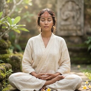 May include: A beige long-sleeved wrap-style top and matching loose-fitting trousers made of a textured fabric. The outfit is worn with a copper-colored headpiece featuring a central circular design and thin bands that wrap around the forehead.