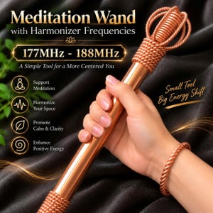 May include: A copper meditation wand featuring a cylindrical shaft and a coiled wire cage at the top. The text reads: Meditation Wand with Harmonizer Frequencies, 177MHz - 188MHz, A Simple Tool for a More Centered You, Support Meditation, Harmonize Your Space, Promote Calm & Clarity, Enhance Positive Energy, Small Tool Big Energy Shift.