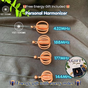 May include: Four copper-colored wire pendants on black cords, labeled 432MHz, 188MHz, 177MHz, and 144MHz. Text includes Free Energy Gift Included, Personal Harmonizer, and Viet Tensor. A circular inset shows a gift box with a ring and 333MHz text.