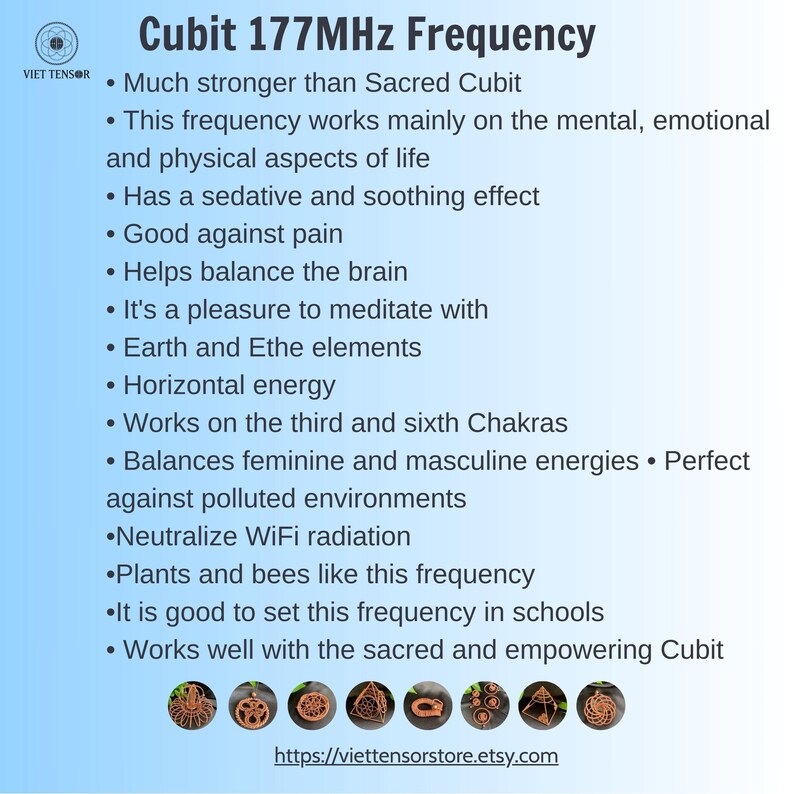May include: A blue and white graphic with the text "Cubit 177MHz Frequency" and a list of benefits. The list includes items such as balancing the brain, horizontal energy, and neutralizing WiFi radiation. The Etsy store URL is also included.