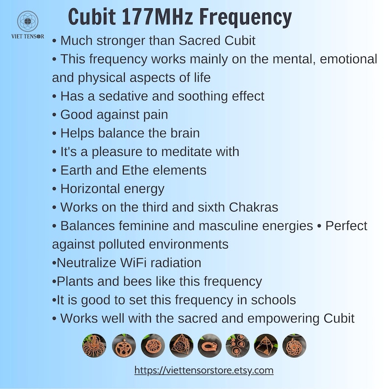May include: A white informational graphic titled Cubit 177MHz Frequency with a list of bullet points describing its properties, including mental, emotional, and physical balance, and a row of eight small copper-colored wire-wrapped objects at the bottom.