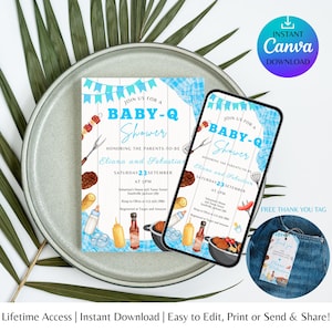 Baby-Q Baby Shower Invitation, Baby Q Backyard Couples Baby Blue, Baby BBQ Party Template, PDF Download
