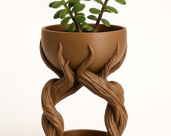 May include: A brown plant pot with a distinctive tree-inspired design, holding a green succulent plant. The pot is supported by intertwined, textured branches. The plant pot is a decorative item for the home, with a diameter of approximately 15 cm.