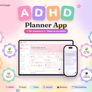 Può includere: Un'interfaccia di app per la pianificazione ADHD visualizzata su un laptop e uno smartphone. Il design presenta colori pastello, icone a forma di fiore e testo che include Low Energy Mode, 6 Brain Games, Task Breakdown, Home & Meals, Password Lock, Arrange Your Way, Budget & Debt e Study & Flashcards.