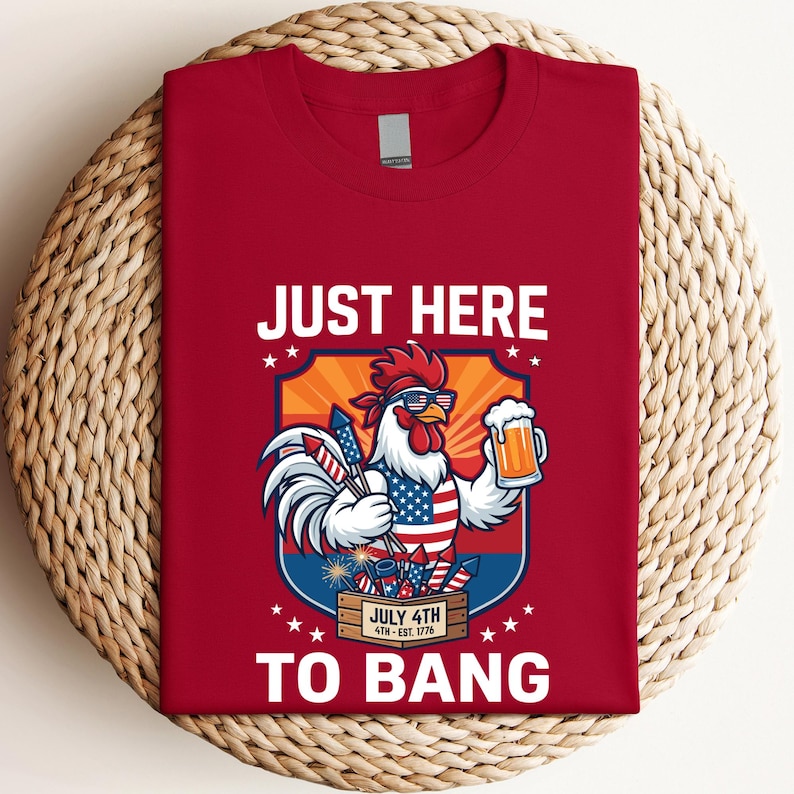 Available color options for the funny patriotic rooster and fireworks Independence Day t-shirt.