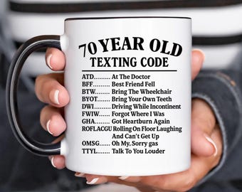 Funny 70th Birthday Gift for Men Women, 70 Year Old Texting Code Mug, Gag Gift for Dad Mom, Septuagenarian Joke Cup, Turning 70 Present