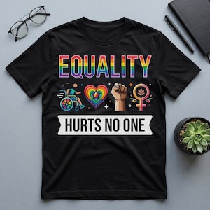May include: Black t-shirt with the word "EQUALITY" in rainbow colors. Below the word are several graphics, including a wheelchair, a heart, a fist, and a female symbol. The text "HURTS NO ONE" is printed on a white banner.
