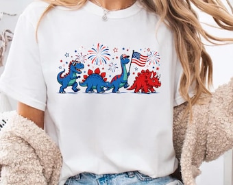 July 4th Dino Shirt, Patriotic Trex Fireworks Tee, Independence Day Gift, Bella Canvas Unisex Shirt, Toddler Youth Dinosaur Tee