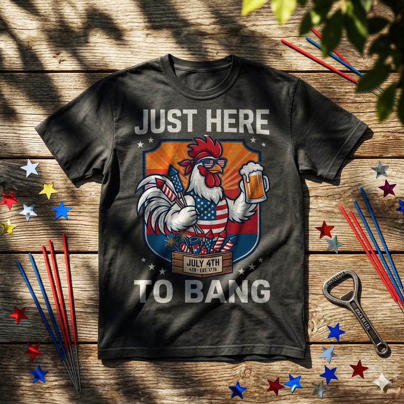 Funny just here to bang patriotic rooster design printed on a vintage Comfort Colors t-shirt.