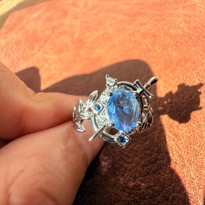 Shadowmilk Cookie Inspired Ring, Cookie Run Cosplay Ring, Crystal Blue Gem Sword Ring, Fantasy Silver Adjustable Statement Ring