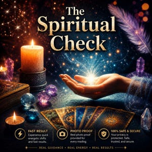 Könnte beinhalten: Ein Bild mit dem Text "The Spiritual Check" zeigt eine brennende Kerze, Tarotkarten, Kristalle und eine Hand, die Licht empfängt. Das Bild enthält auch den Text "Fast Result", "Photo Proof" und "100% Safe & Secure".