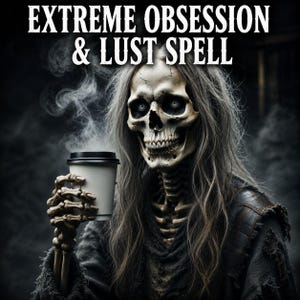 May include: An illustration of a skeleton with long grey hair holding a steaming coffee cup. The text "EXTREME OBSESSION & LUST SPELL" is at the top. The background is dark and smoky.