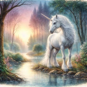 May include: A majestic white unicorn with a flowing mane and tail stands near a tranquil river. The unicorn has a golden horn and is set against a backdrop of a misty forest with a soft, colorful sunset. The artwork is a fantasy illustration.