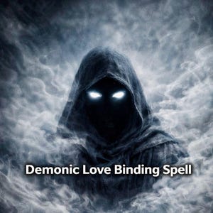 May include: A digitally created image of a hooded figure with bright white eyes, set against a backdrop of swirling grey smoke. The words "Demonic Love Binding Spell" are written at the bottom. The image has a dark, mystical theme.