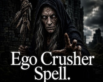 May include: A digital illustration of a hooded figure with pale skin, red facial markings, and bright eyes, holding a feathered wooden staff. The text reads: Ego Crusher Spell. Fast result, Same Day Cast, Photo Proof.