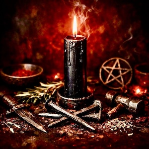 Może przedstawiać: Płonąca czarna świeca z ociekającym woskiem w metalowym uchwycie. Pentagram, mała miska, nóż, gwoździe i inne przedmioty ułożone na ciemnej, czerwonobrązowej powierzchni. Dym unosi się ze świecy.