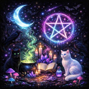 May include: Digital art depicting a mystical scene with a crescent moon, a glowing pentagram, and a starry night sky. Two cats, one black with green eyes and one white with blue eyes, flank a cauldron. Candles, crystals, and mushrooms complete the magical theme.