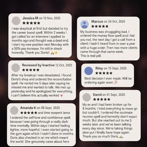May include: Image of customer reviews on a white background. Reviews are in white text on rounded rectangular cards. The reviews discuss spells for career, reconciliation, self-love, and money flow. The reviews are dated from September to November 2025.