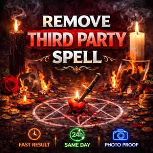 May include: An image with the text "REMOVE THIRD PARTY SPELL" in white and red. The image features candles, a pentagram, a knife in an apple, and the phrases "FAST RESULT", "SAME DAY", and "PHOTO PROOF".