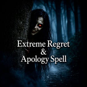 Könnte beinhalten: Digital bearbeitetes Bild einer Kreatur mit blasser Haut, langen schwarzen Haaren und roten Augen, die hinter einem Baum hervorkommt. Der Text "Extreme Regret & Apology Spell" ist weiß dargestellt.