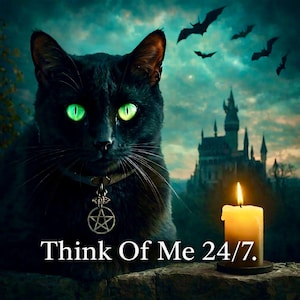 Peut inclure: Un chat noir aux yeux verts brillants et un pendentif pentagramme, sur fond de chauves-souris, d'un château et d'une bougie allumée. Le texte "Think Of Me 24/7" est affiché en dessous.