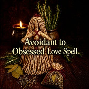 May include: A handcrafted doll made of twine with a red cross-like design, accompanied by a small bag of herbs and a lit candle. The text "Avoidant to Obsessed Love Spell" is displayed in a decorative font, suggesting a theme of spirituality.