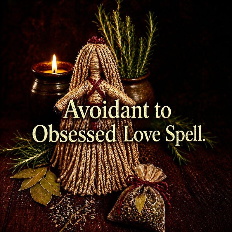 May include: A handcrafted doll made of twine with a red cross-like design, accompanied by a small bag of herbs and a lit candle. The text "Avoidant to Obsessed Love Spell" is displayed in a decorative font, suggesting a theme of spirituality.