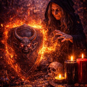 May include: An image with the text "DEMONIC GUARDIAN SHIELD RITUAL" and "FAST RESULT SAME DAY CASTING". The image depicts a shield with a demonic face, surrounded by flames, with a person in a black hooded robe, candles, and a skull.