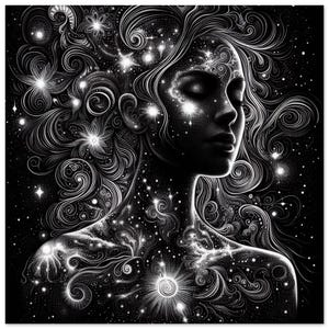 Stellar Glow | Celestial Portrait Line Art | Mystical Feminine Drawing | Gift for Dreamer | Classic Matte Paper Poster