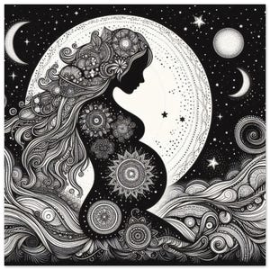 Madre de las Lunas / Arte lineal de embarazo celestial / Dibujo femenino divino / Regalo para mamá primeriza / Póster clásico de papel mate