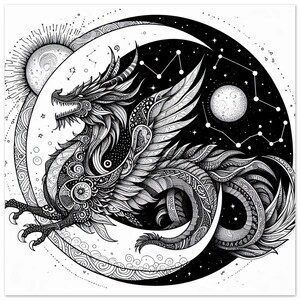 Drago Celeste / Disegno a Inchiostro Mitico / Poster Fantasy in Bianco e Nero / Decorazione da Parete con Drago / Poster Classico su Carta Opaca