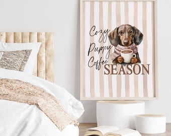 Dachshund Poster Cozy Coffee – Autumn Hygge Dog Print, Cottagecore Wall Art, Cozy Season Decor, Dog Mom Gift, Puppy Coffee Art