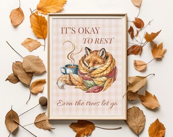 Cozy autumn fox poster – Cottagecore wall art print – Mental health hygge decor – Fall illustration nature home decoration