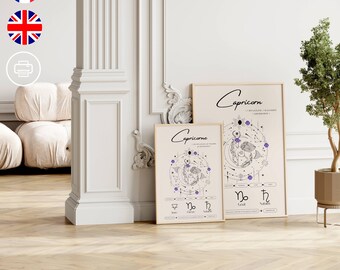 May include: Two framed Capricorn zodiac art prints. The prints feature a beige background with black and purple illustrations of the Capricorn constellation, symbols, and the word "Capricorn" in cursive. The frames are a light wood color.