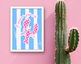 Pink lobster print, trendy kitchen wall art, pop vintage food print, aesthetic nautical decor, digital poster