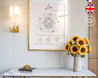 May include: A framed art print featuring a lion illustration with the word "Lion" at the top. The print has a gold frame and is displayed above a marble-topped table. A vase of sunflowers sits on the table.