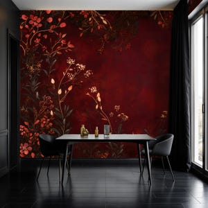 Carta da parati Crimson Botanical/Red Floral Wellness, murale ecologico, carta da parati staccabile e adesiva, arte murale Mindful Interiors, carta da parati di lusso