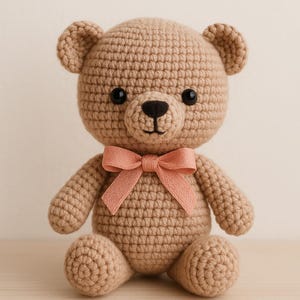 Op de afbeelding: Een handgemaakte, bruin gehaakte teddybeer met een roze strik. De beer heeft zwarte veiligheidsoogjes en een zwart gestikte neus en mond. De beer zit op een lichtgekleurd oppervlak.