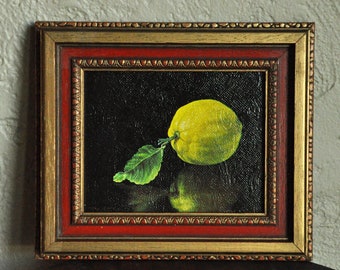 Vintage Small Still Life Lemon Art Print Framed in Ornate Red and Gold Wood Frame Dark Moody Deep Frame 7" x 6" Black Background