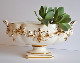 Vintage Italian KBNY Footed Oval Compote Bowl Dish Ornate Shiny Gold Made In Italy Cream Leaves Fruit Koscherak Brothers Signed Numbered